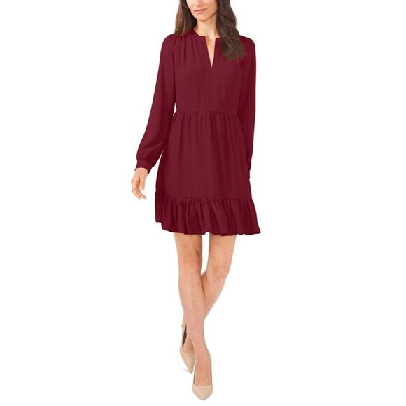 Vince Camuto Women's Long Sleeve Split Neck Tiered Baby Doll Dress Burgundy S - Picture 1 of 8